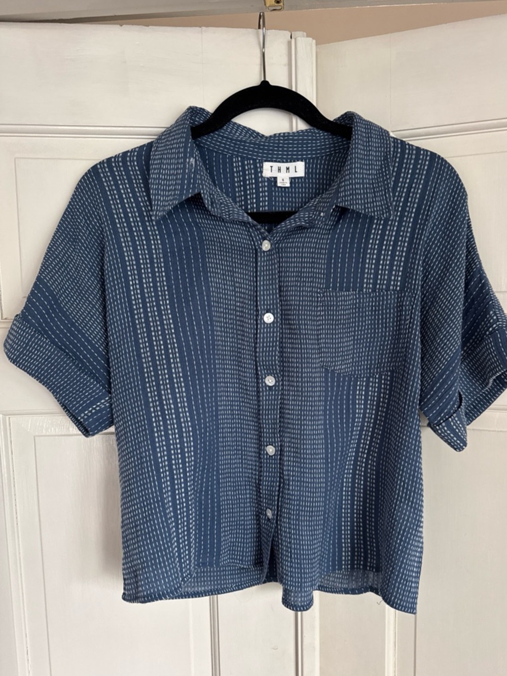 THML Navy Blue Vertical Stitch-Stripe Short Sleeve Shirt